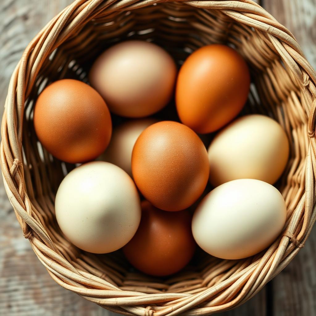 Fresh brown and cream chicken eggs in a woven basket