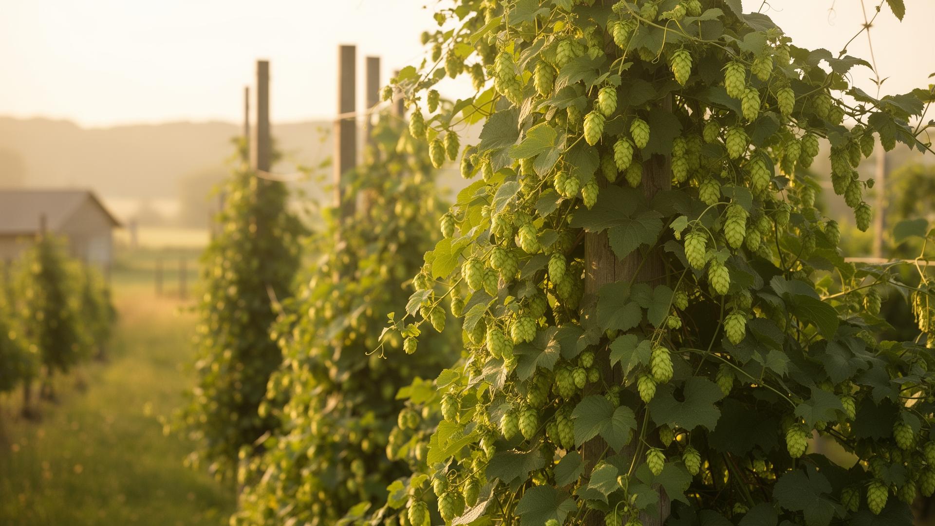 Hops vines growing on trellises at Havarest Farm in golden hour light
