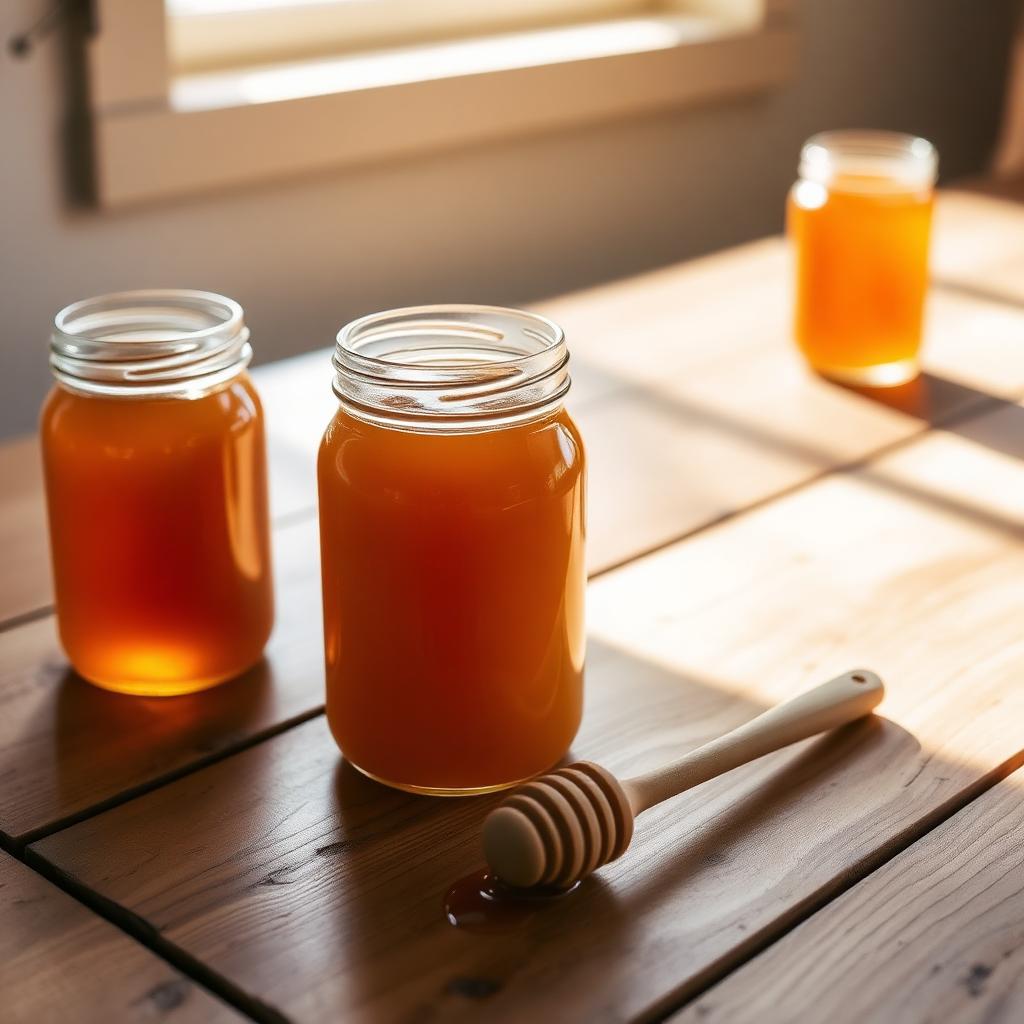 Jars of golden honey with a honey dipper on a wooden table