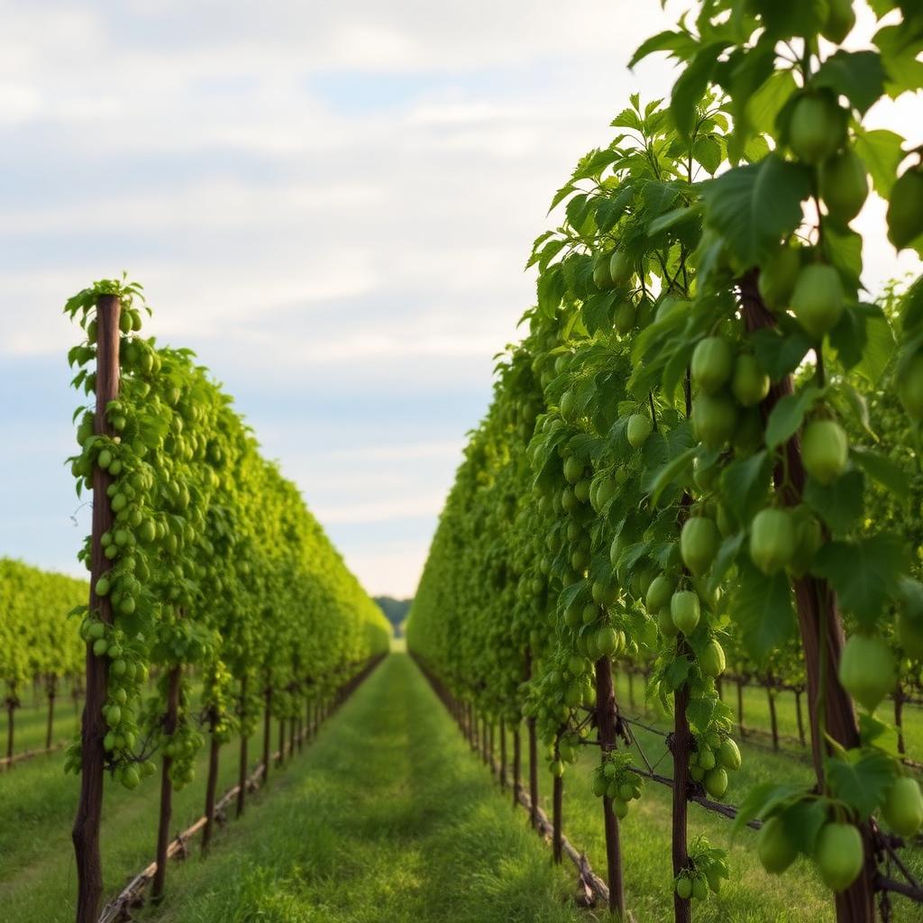 Hops growing in rows on trellises